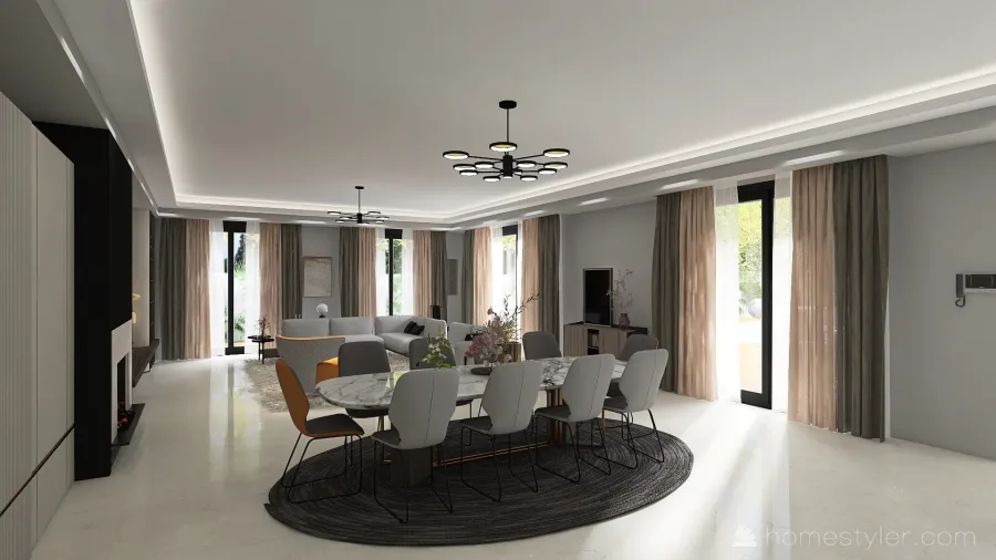 Modern Black Living and Dining Room 3d design renderings