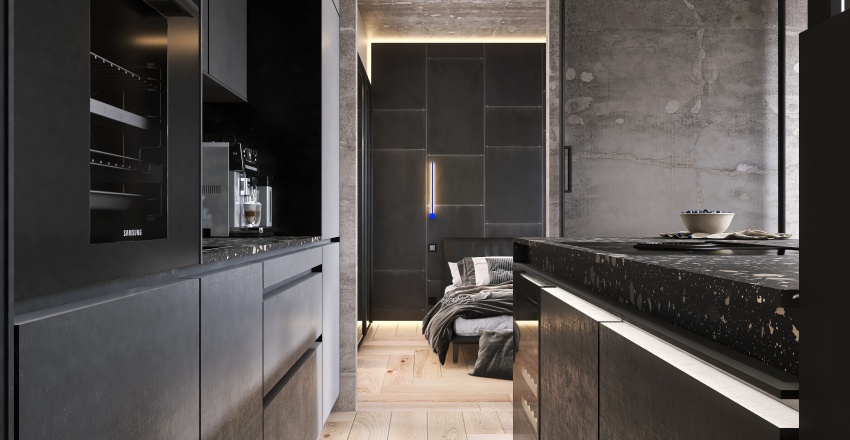 Modern Contemporary Black Blue Great Room 3d design renderings