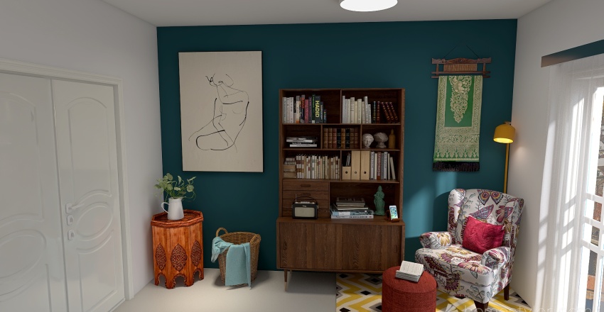 Sala y comedor de piso nórdico vintage 3d design renderings