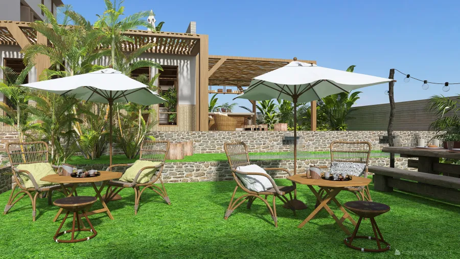 Contemporary Modern Bali Cafe WoodTones 3d design renderings