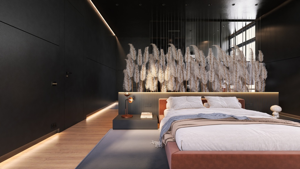 Contemporary Orange Master Bedroom 3d design renderings