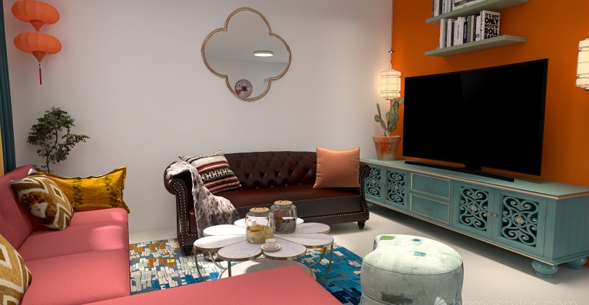 Sala y comedor de piso nórdico vintage 3d design renderings