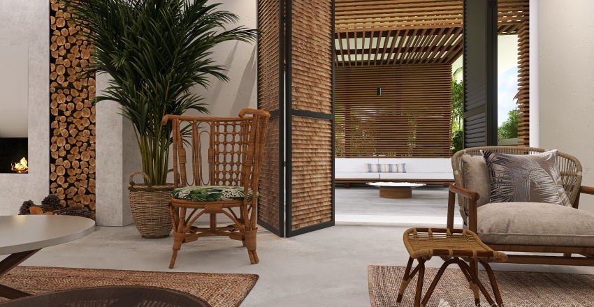 Bohemian WoodTones Living and Dining Room 3d design renderings