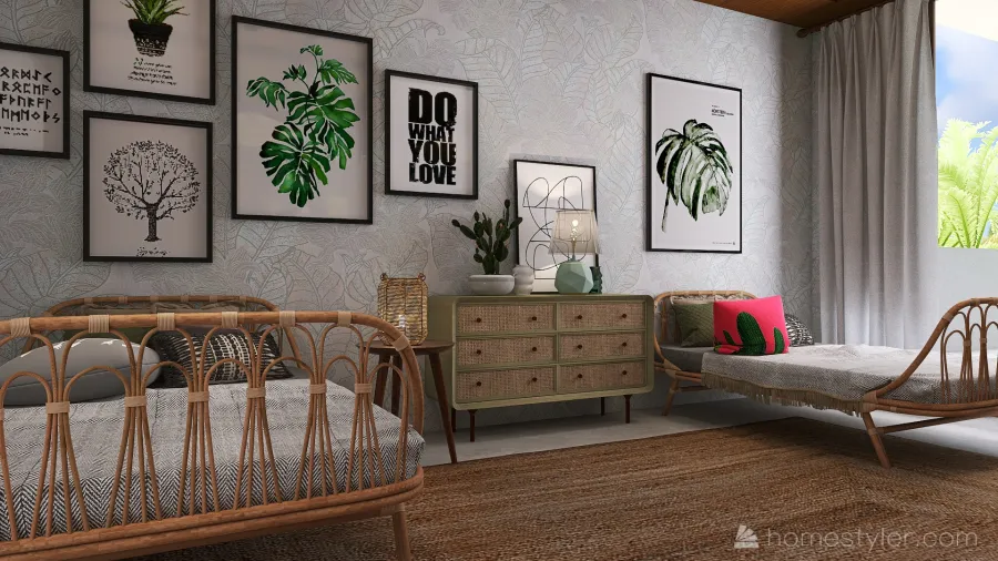 Bohemian WoodTones Second Bedroom 3d design renderings