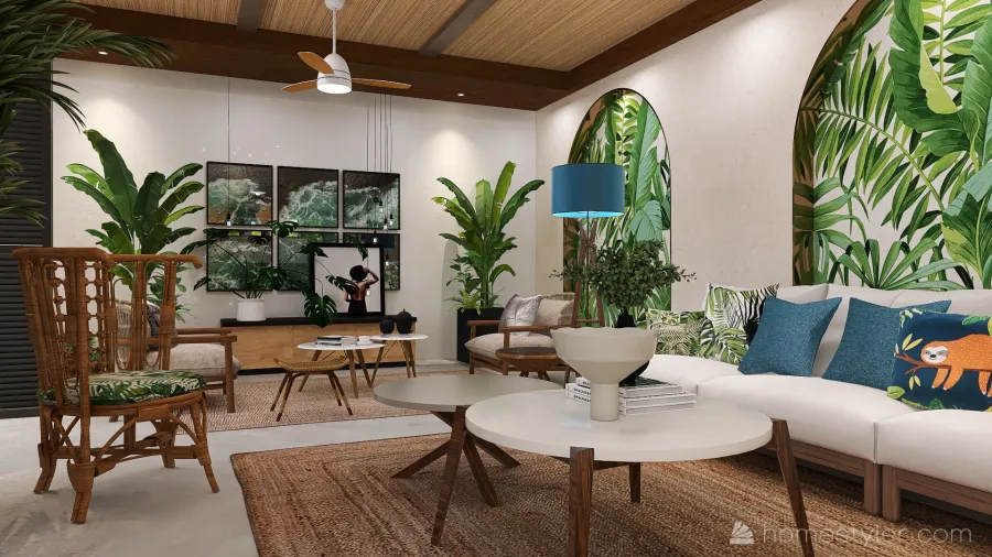 Bohemian WoodTones Living and Dining Room 3d design renderings