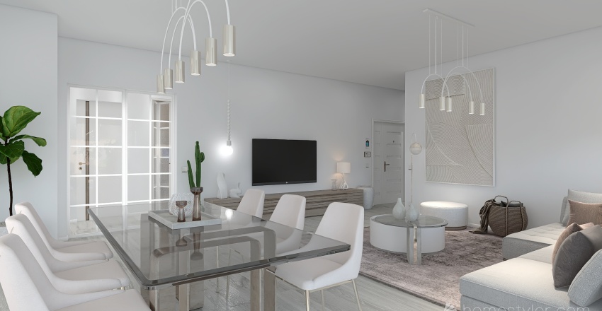 Modern Beige Living and Dining Room 3d design renderings