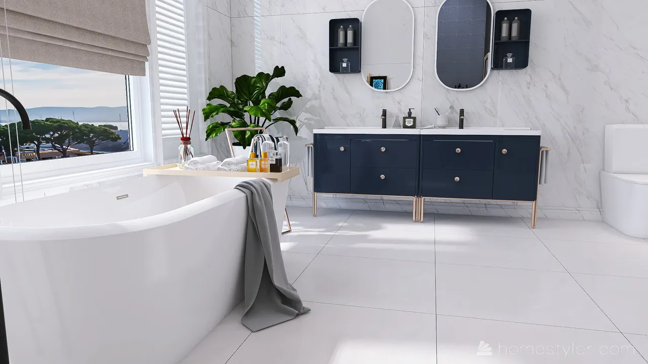 Costal Mediterranean Blue SecondBathroom 3d design renderings