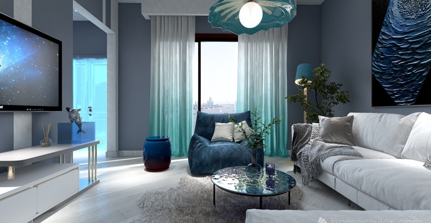 Costal Blue Living Room 3d design renderings