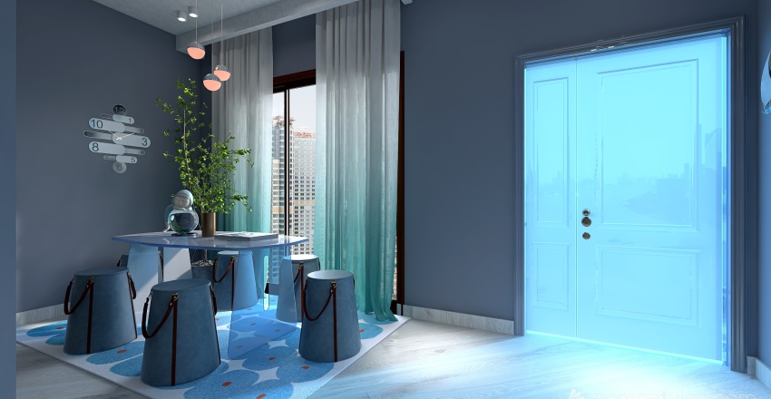 Costal Blue Kitchen and dining room 3d design renderings