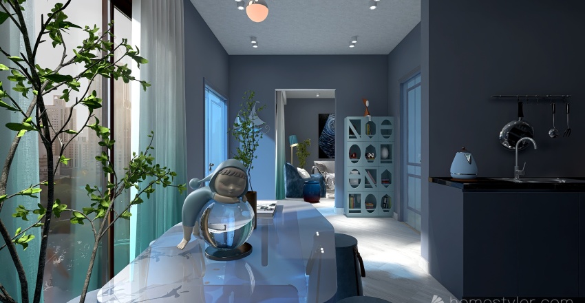 Costal Blue Kitchen and dining room 3d design renderings