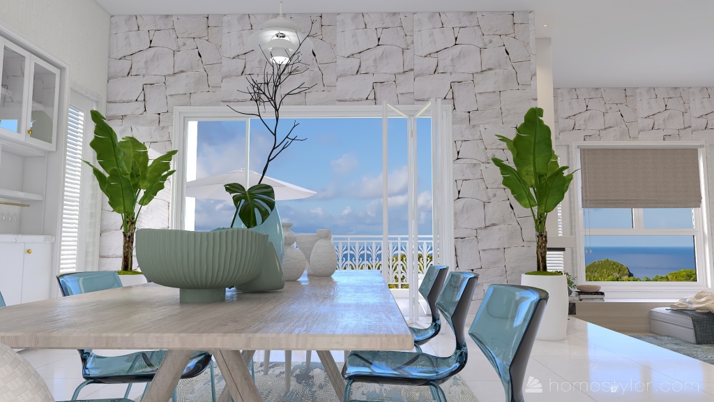 Costal Mediterranean Blue Living and Dining Room 3d design renderings
