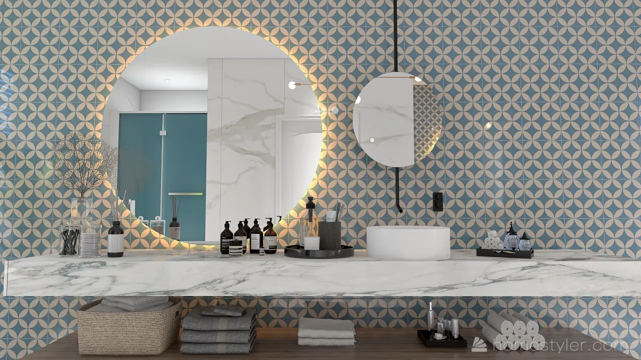 Costal Mediterranean Blue MasterBathroom 3d design renderings