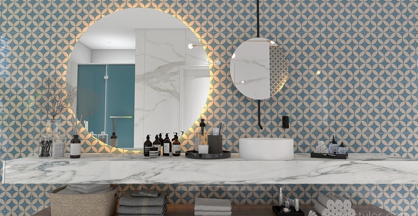 Costal Mediterranean Blue Master Bathroom 3d design renderings