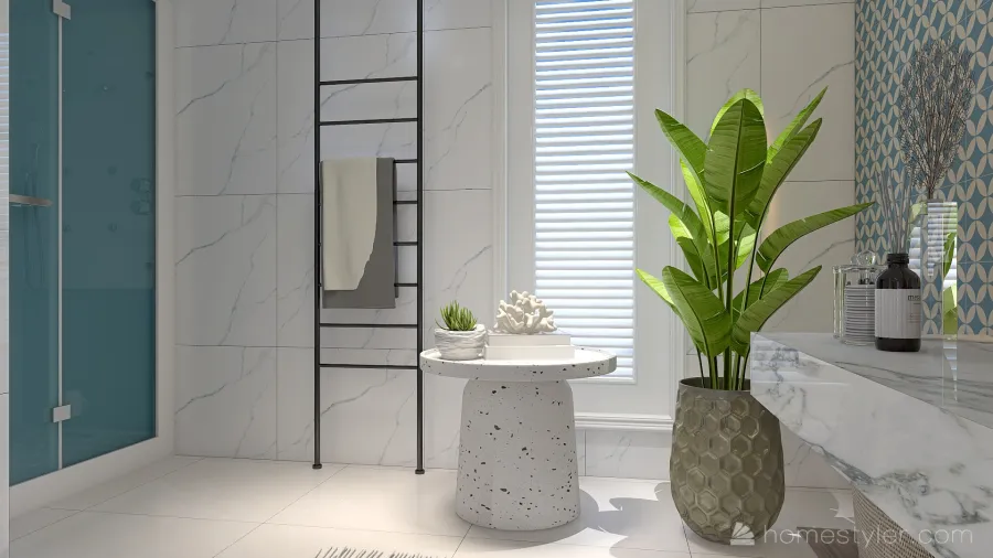 Costal Mediterranean Blue Master Bathroom 3d design renderings