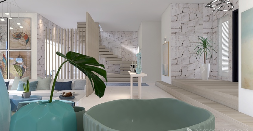 Costal Mediterranean Blue Living and Dining Room 3d design renderings