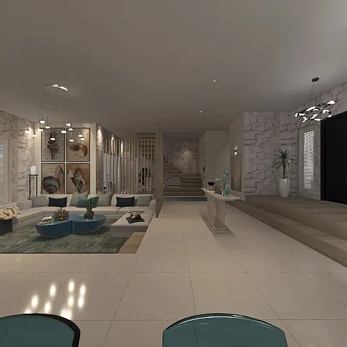 Costal Mediterranean Blue LivingDiningRoom 3d design renderings