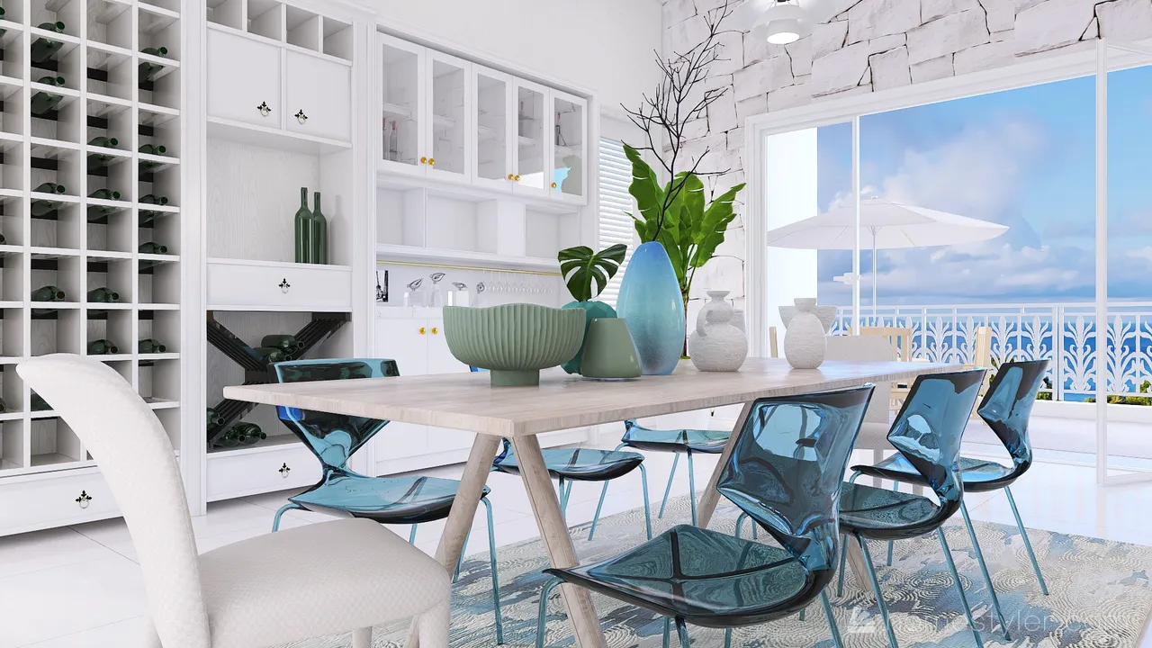 Costal Mediterranean Blue LivingDiningRoom 3d design renderings