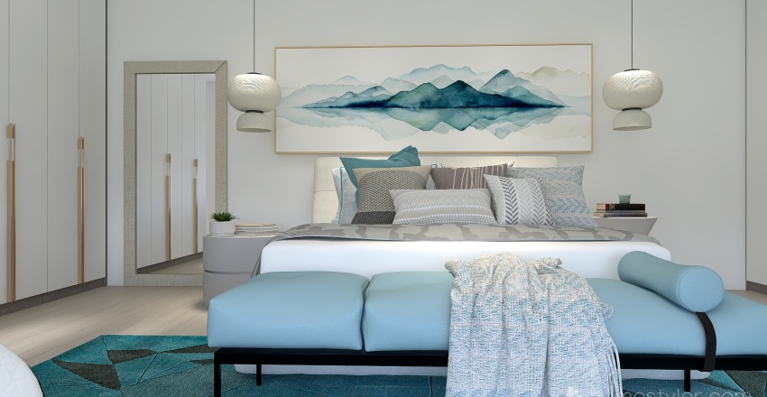 Costal Mediterranean Blue Master Bedroom 3d design renderings
