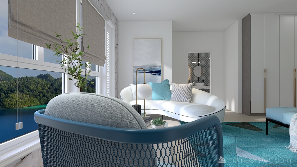 Costal Mediterranean Blue Master Bedroom 3d design renderings