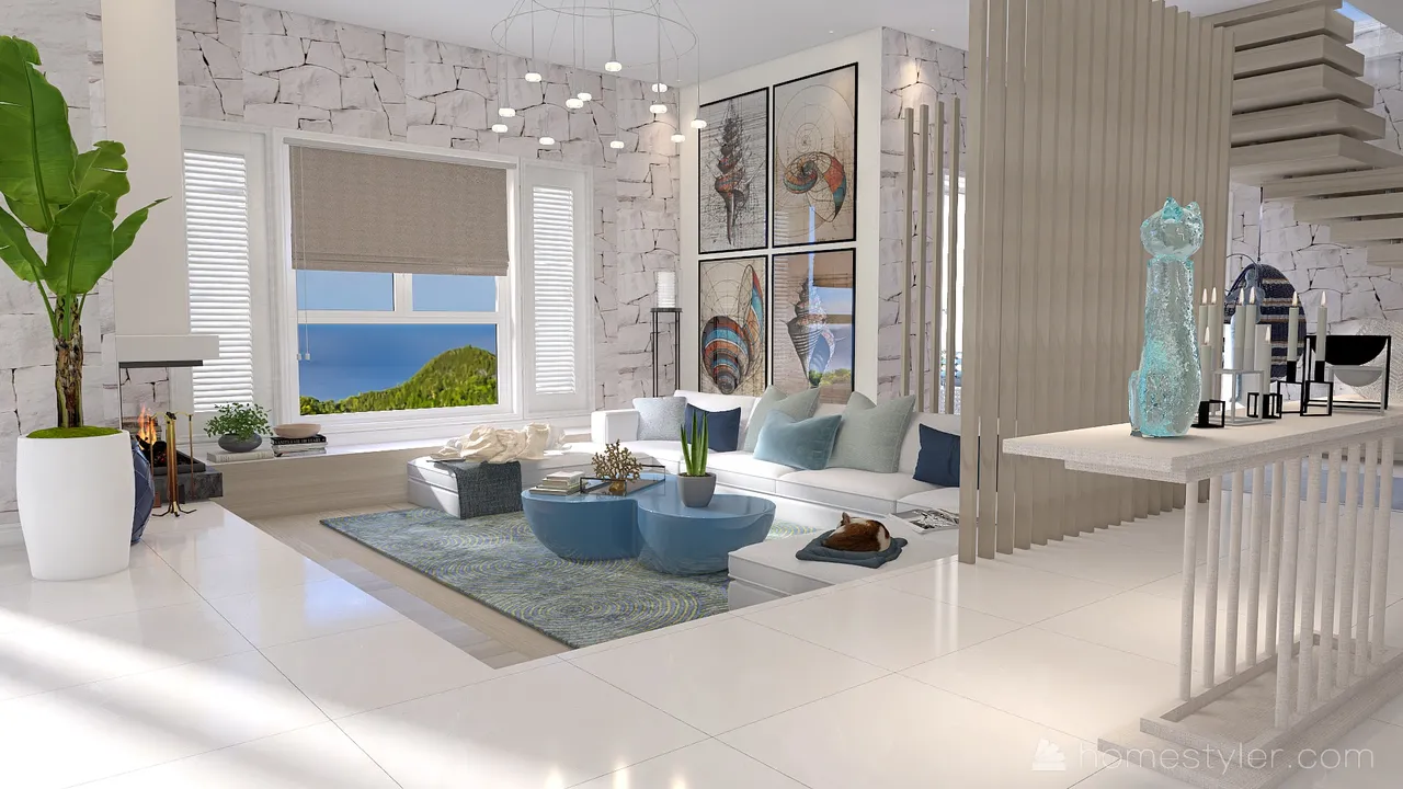 Costal Mediterranean Blue LivingDiningRoom 3d design renderings