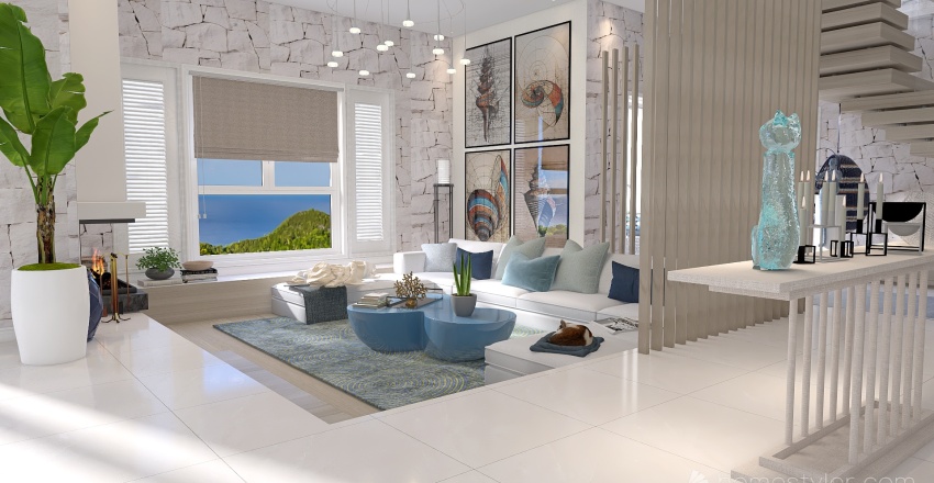 Costal Mediterranean Blue Living and Dining Room 3d design renderings