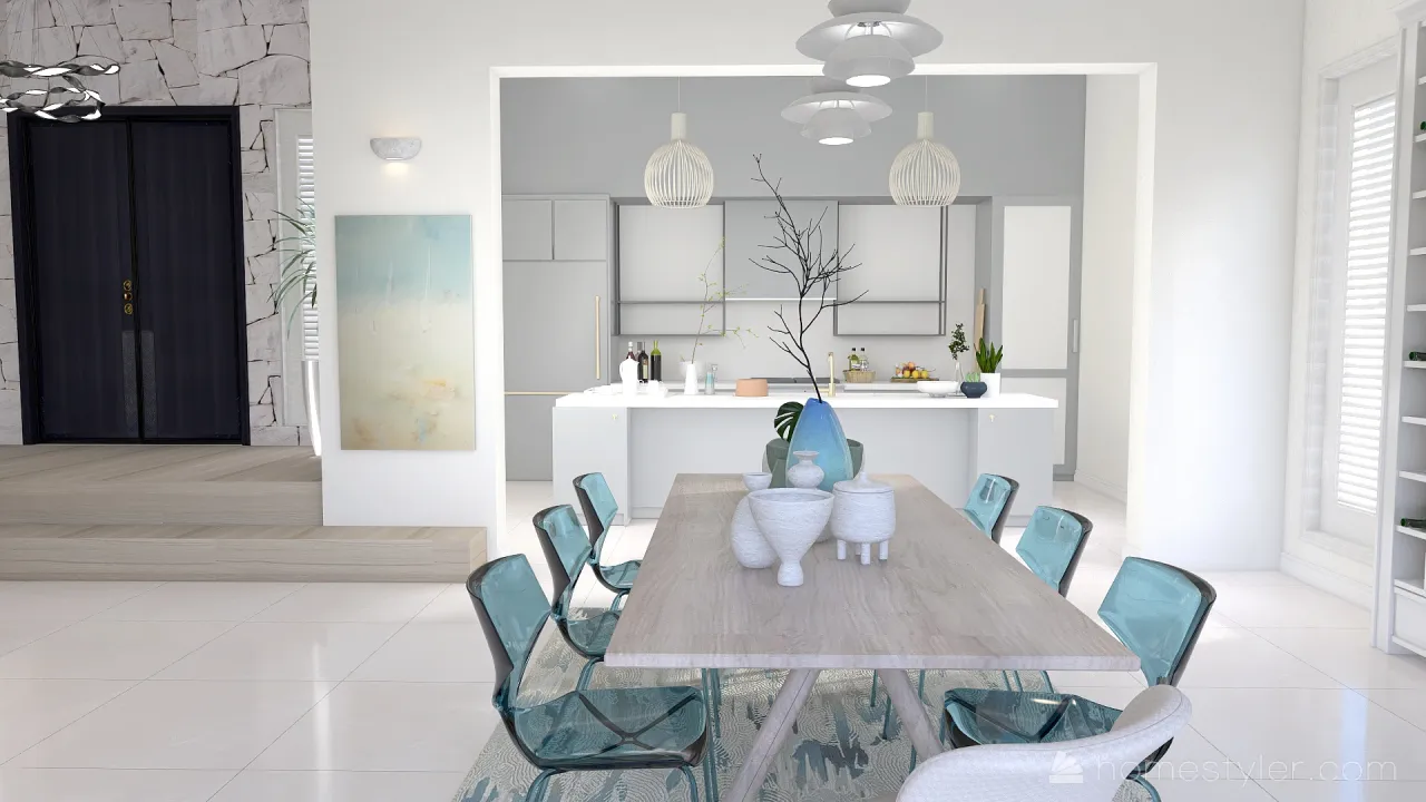 Costal Mediterranean Blue LivingDiningRoom 3d design renderings