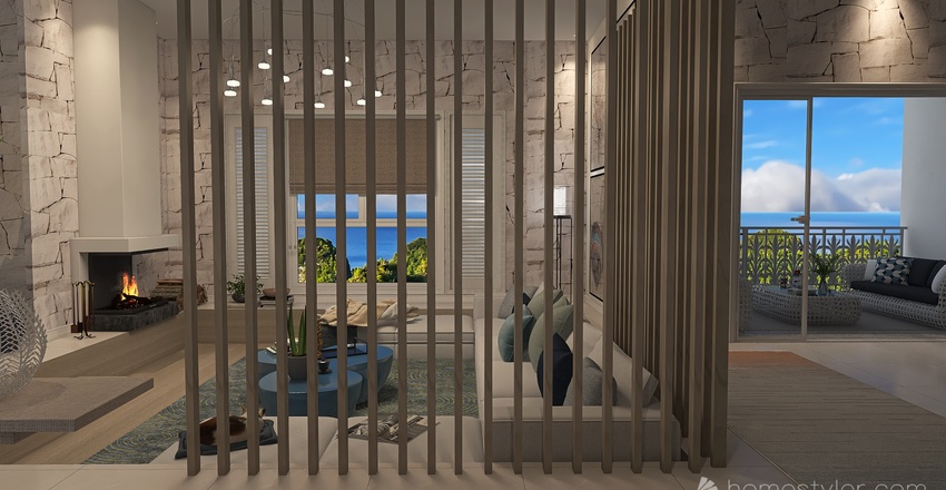 Costal Mediterranean Blue Living and Dining Room 3d design renderings