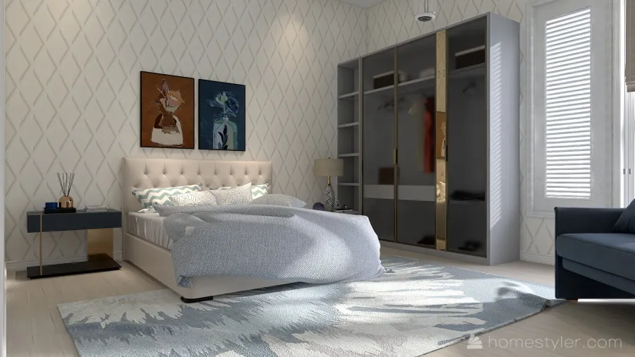 Costal Mediterranean Blue Second Bedroom 3d design renderings