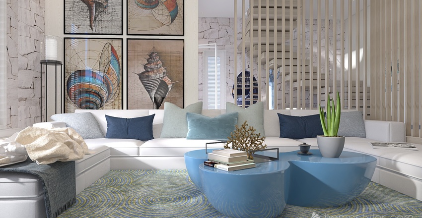 Costal Mediterranean Blue Living and Dining Room 3d design renderings