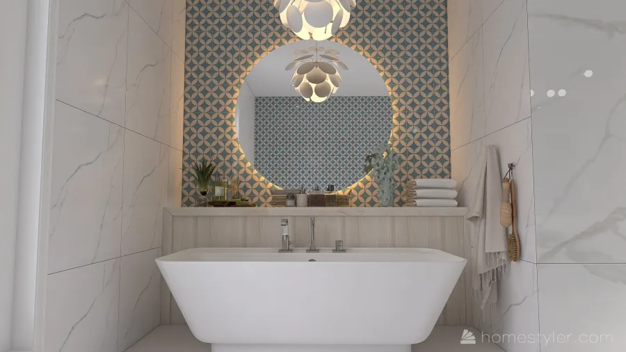 Costal Mediterranean Blue Master Bathroom 3d design renderings