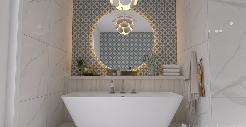 Costal Mediterranean Blue Master Bathroom 3d design renderings