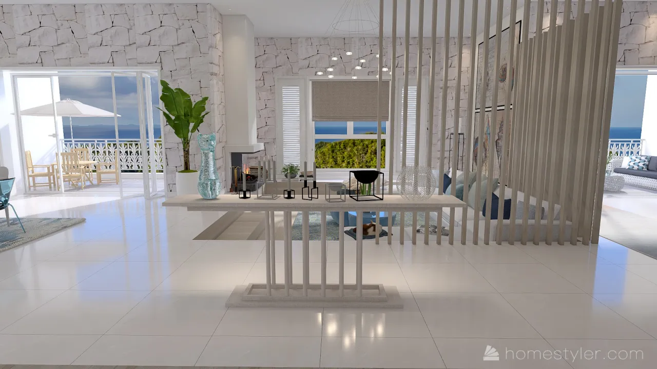 Costal Mediterranean Blue LivingDiningRoom 3d design renderings