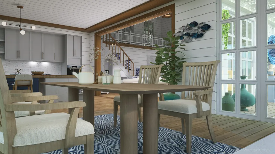 Costal Blue Kitchen & Dining Room 3d design renderings