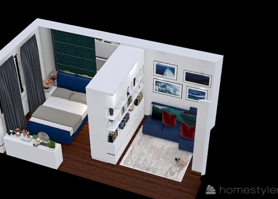 комната бело-синяя + кухня изумруд 1 Design Rendering