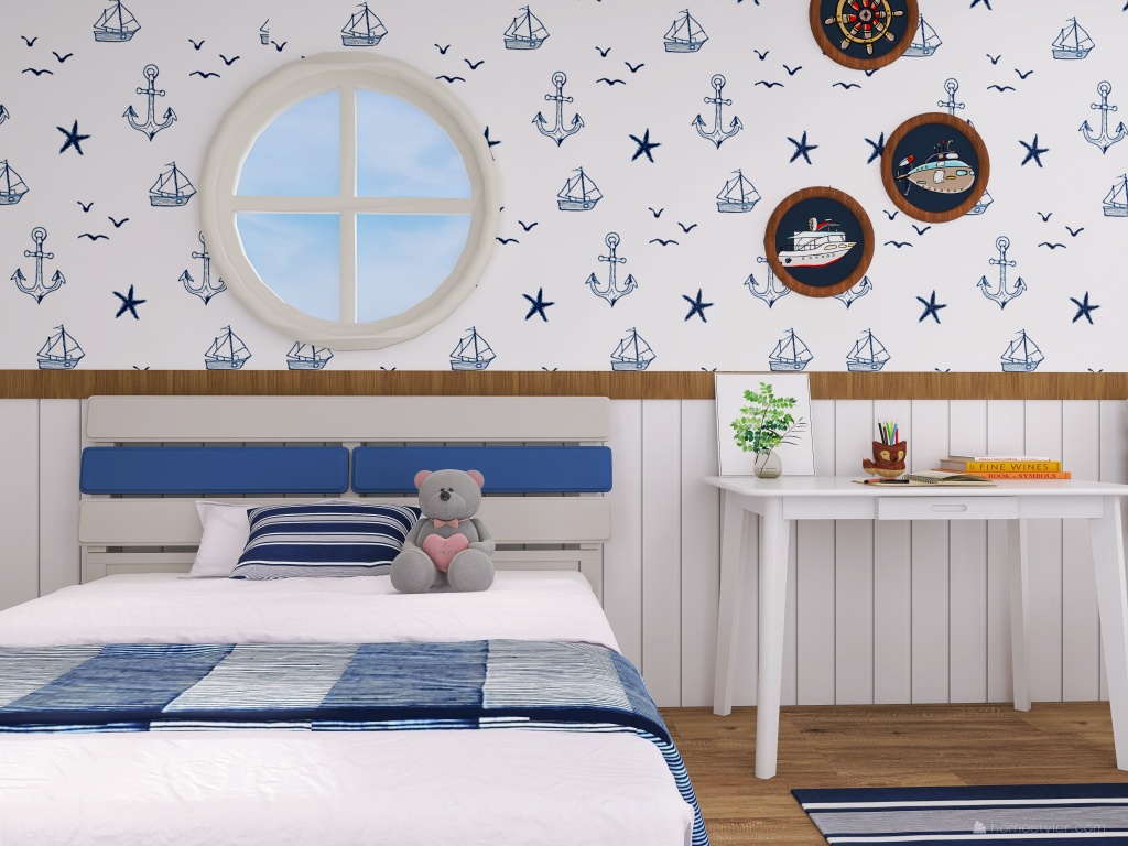 Costal Blue Kids Room 3d design renderings