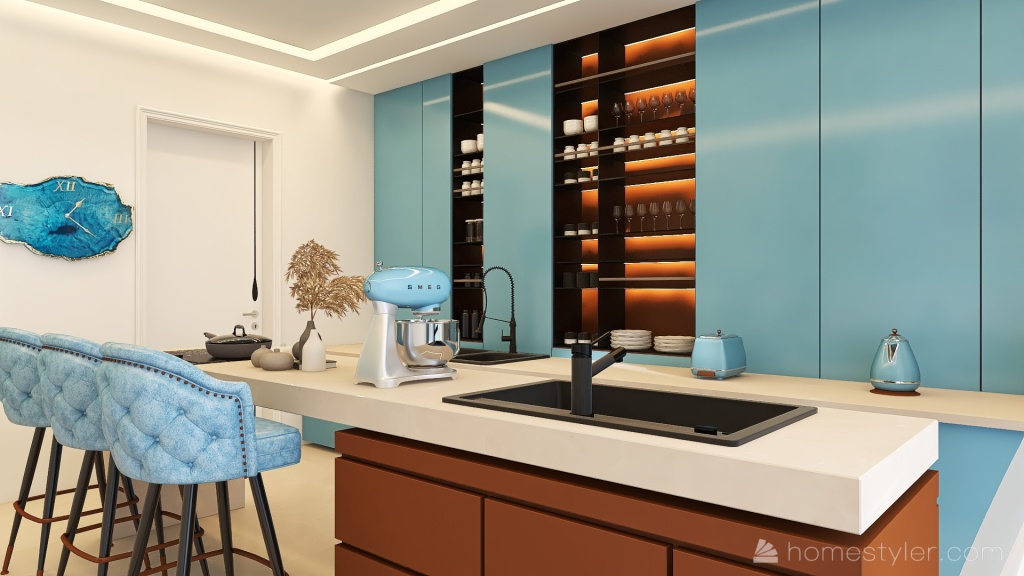 Blue Living and Dining Room 3d design renderings