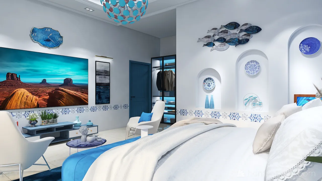 Costal Blue Bedroom 3d design renderings