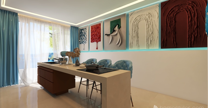 Blue Living and Dining Room 3d design renderings