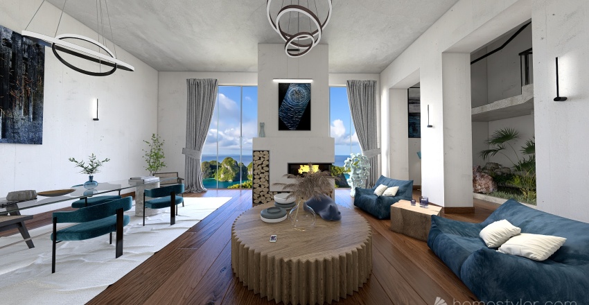 Costal Blue Living and Dining Room 3d design renderings