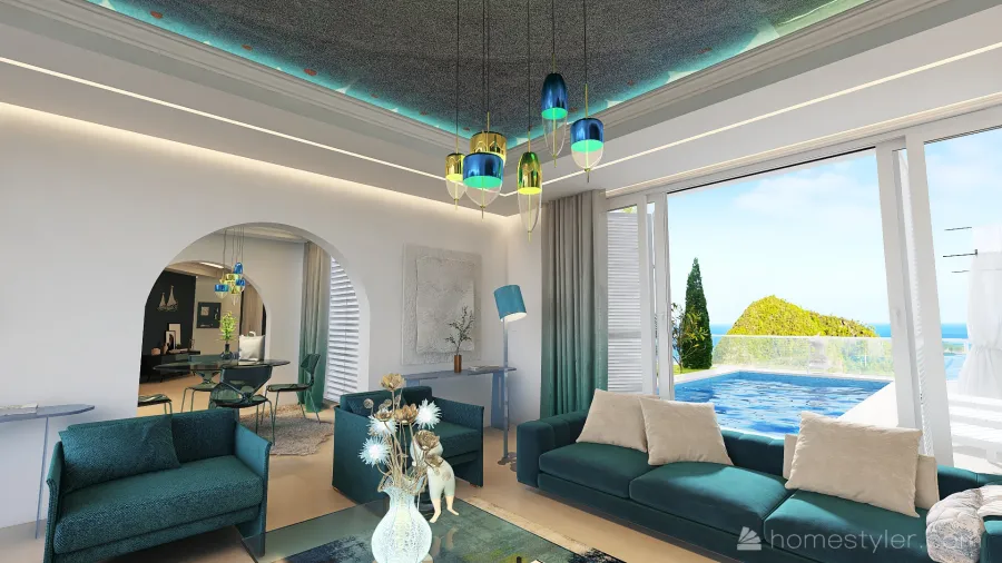 Blue Living Room 3d design renderings
