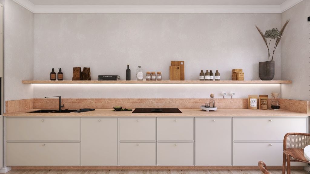 Scandinavian Beige Kitchen 3d design renderings