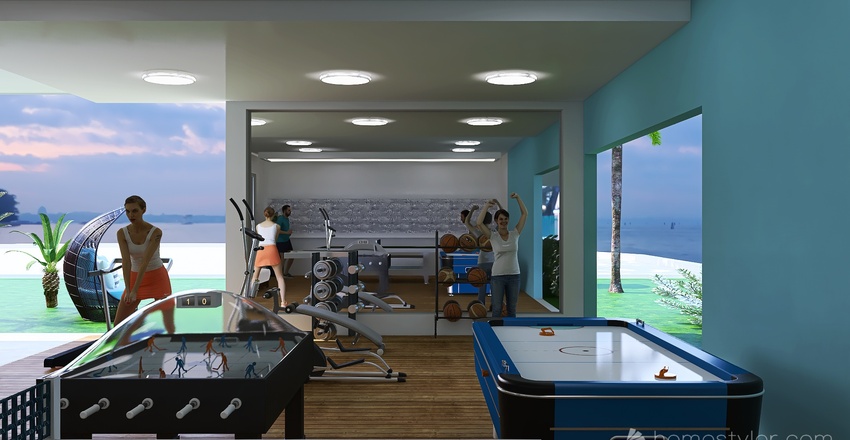 Costal Blue Living and Dining Room 3d design renderings
