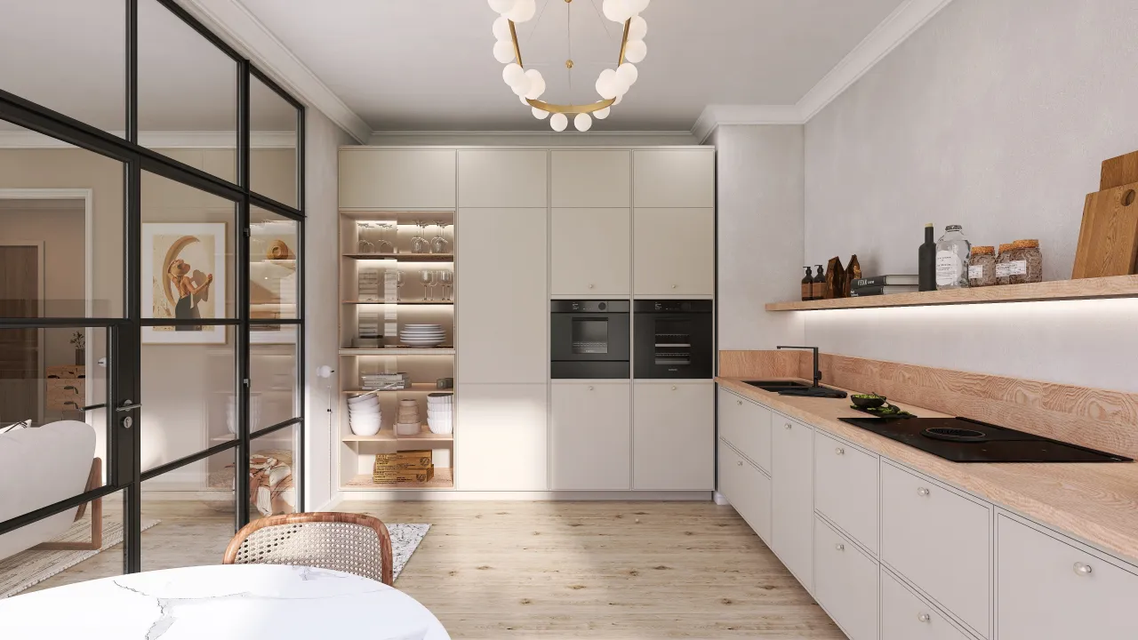 Scandinavian Beige Kitchen 3d design renderings