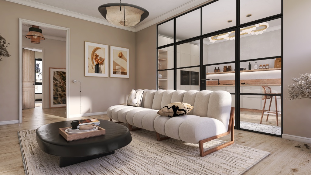 Scandinavian Beige Living Room 3d design renderings