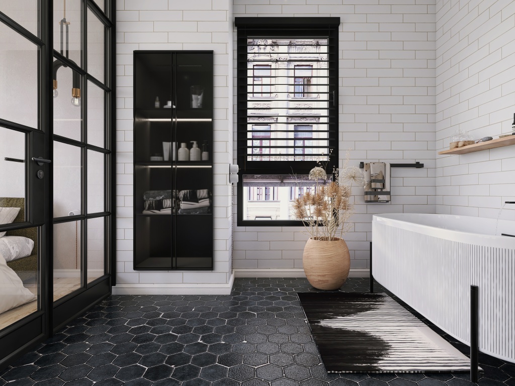 Scandinavian Beige Master Bathroom 3d design renderings