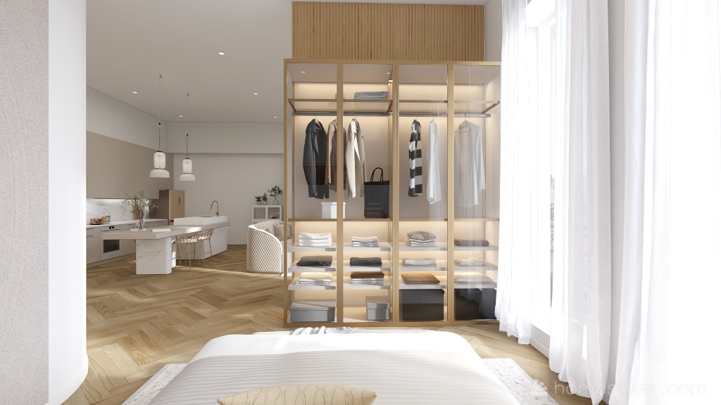 Scandinavian Beige Living and Kitchen 3d design renderings