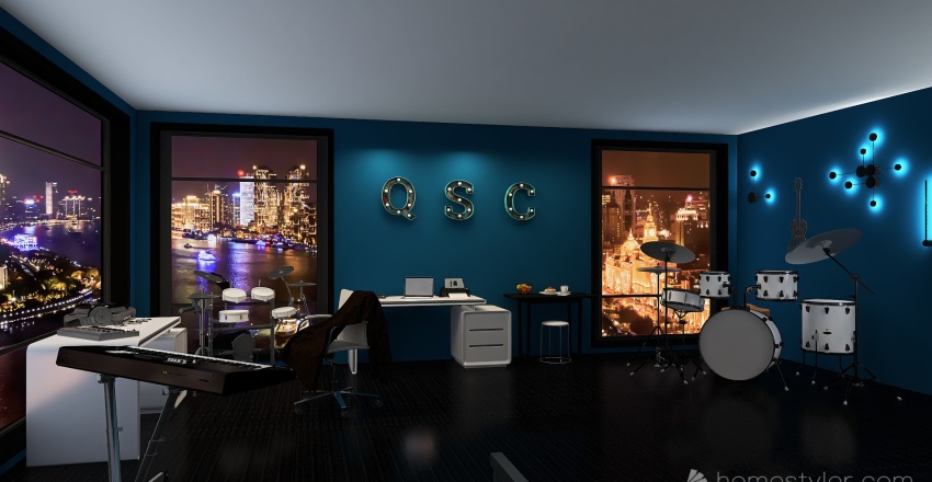 Musician's Studio Apartment #Black #White 3d design renderings