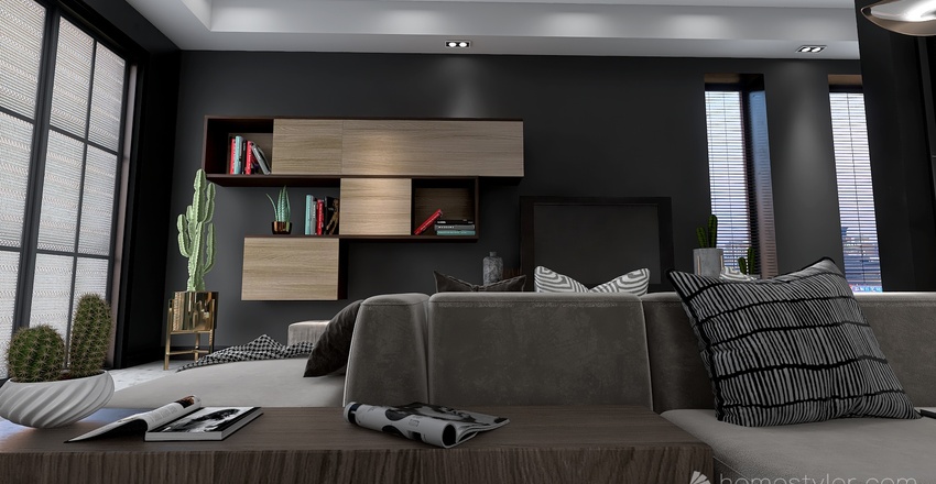 Black Grey Living and Dining Room 3d design renderings