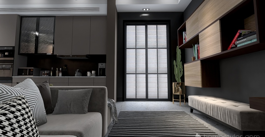 Black Grey Living and Dining Room 3d design renderings