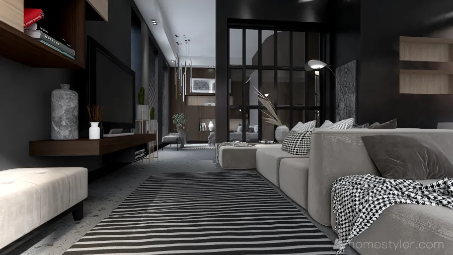 Black Grey Living and Dining Room 3d design renderings